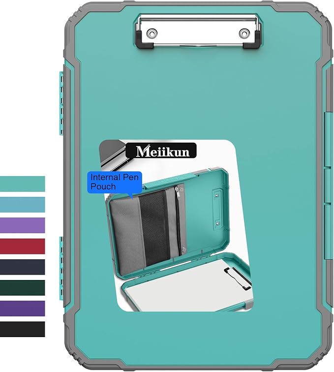 Meiikun Clipboard with Storage, Rugged Shockproof Protective, Internal Pen Pouch & Metal Clip, Heavy Duty Plastic Clip Boards 8.5x11, High Capacity Contractor Folder for School Office (Light Green)