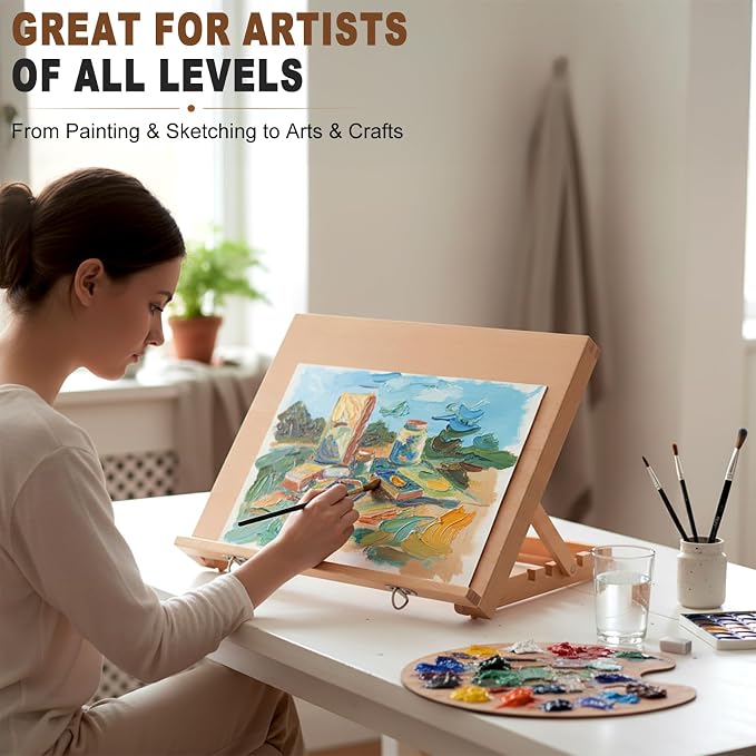 16.5"x12" Beechwood Tabletop Easel with Paint and Sketch Papers,Mask Tape | Portable Adjustable Art Easel with Detachable Strap, Drawing Board for Painting, Sketching and Diamond Art