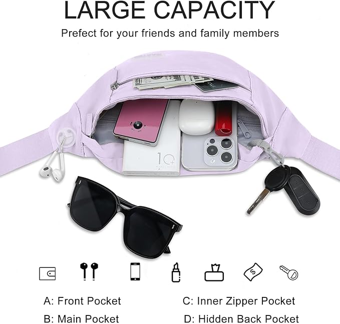 MAXTOP Purple Crossbody Fanny Pack for Women Trendy Belt Bag for Theme Park | Nylon,Ajustable Strap, 4-Zipper Pockets,Key Chain,Hands-Free,Fit All Phones