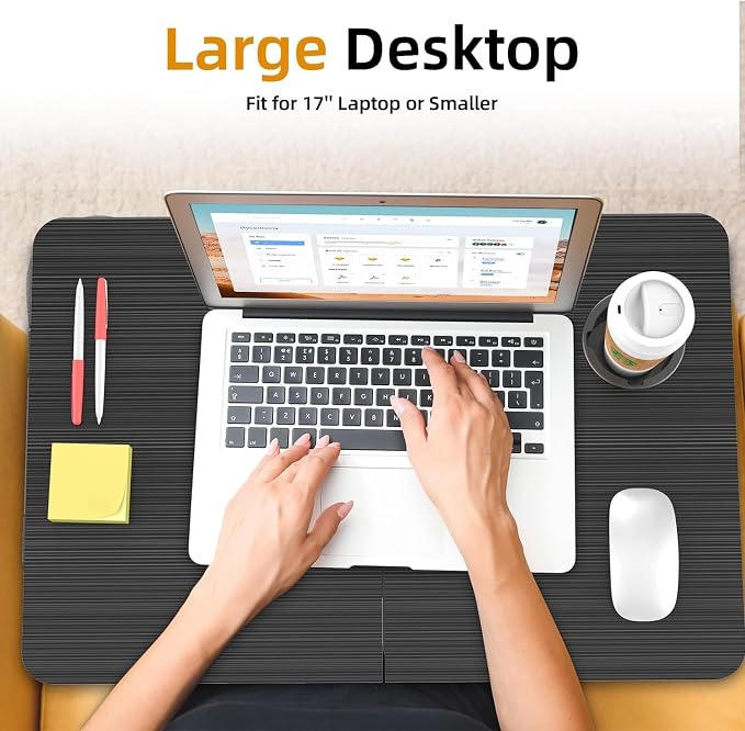 BUYIFY 23.4" Foldable Lap Desk Bed Table with Cup Holder Tray Charcoal | Portable Folds Flat for Easy Storage, No Assembly Laptop Bed Desk, Sturdy and Lightweight, Patent Design