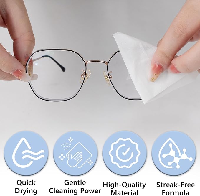 Lens Wipes for Eyeglasses (500 Count), Pre-moistened Cleaning Wipes, Non-Scratching and Streak-Free, Individually Packaged, Suitable for Cleaning Camera Lenses, Sunglasses, and Optical Equipment