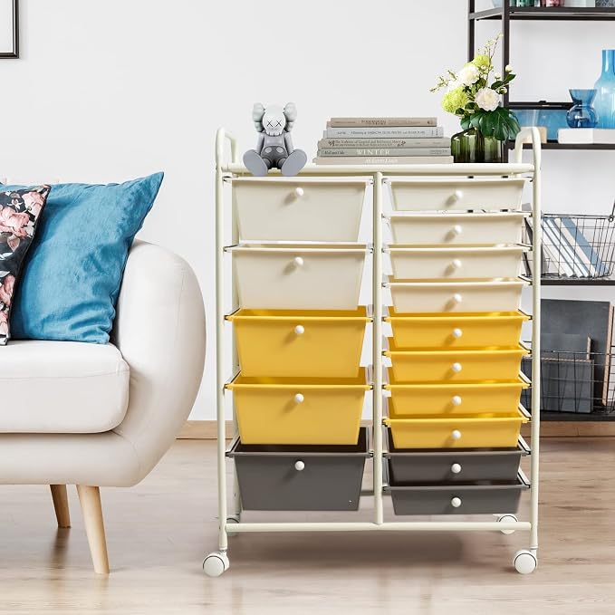 GLACER 15 Drawers Rolling Storage Cart, Steel Frame Craft Organizer Cart | Utility Cart w/Lockable Wheels & Sleek Handle, Mobile Art & Tool Supply Trolley for Teacher, Home, School, Office (Yellow)