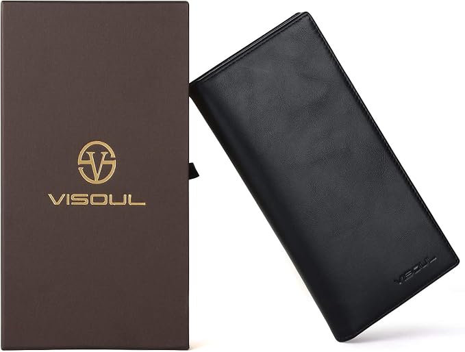VISOUL Leather Checkbook Cover Wallet for Men with RFID Blocking, Mens Long Bifold Cash Tall Wallet with 11 Credit Card Slots 1 ID Window (Black)