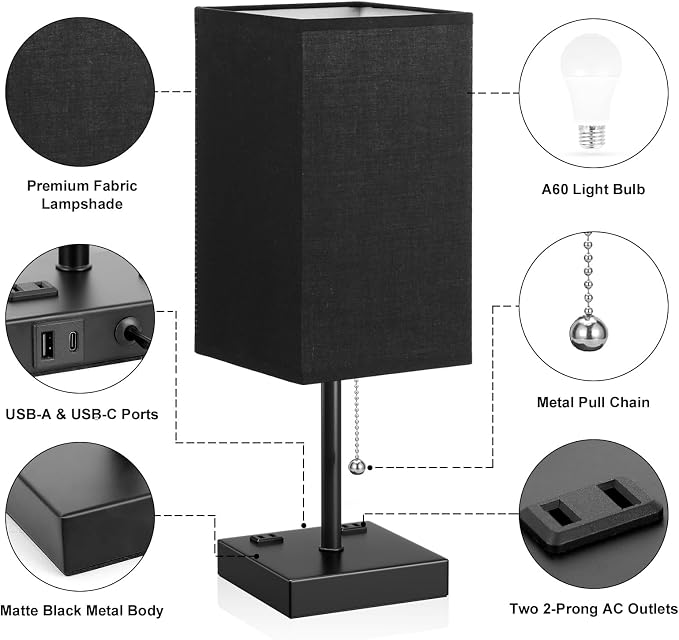Black Lamp for Bedroom - 3 Color Temperatures, USB A+C, 2 AC Outlets | Pull Chain Switch, LED Bulb Included, Black Fabric Shade, 17.4" Table Lamp for Nightstand, Desk, Living Room, Office
