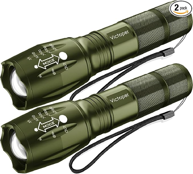 Victoper LED Flashlight 2 Pack Green, Bright Tactical Torch High Lumens 5 Modes, Waterproof Zoomable Flash Light for Outdoor, Birthday Gifts for Men, Dorm Room Hiking Camping Essentials Gear for Guys