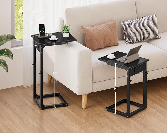 C Shaped End Table with Charging Station, 33"Tall C-Table End Table Adjustable Height Side Table for Couch, Couch Table That Slide Under Sofa Table TV Tray Table for Living Room,Bedroom,Black