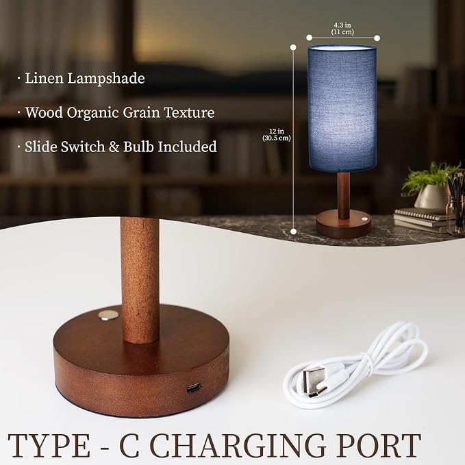 LALISU Small Table Lamp Nightstand Lamp Linen Lampshade Bedroom Wood Base Small Bedside Lamp for Night Stands, Desk Lamps for Reading Living Room, Office (LED Bulb Included) (Blue)