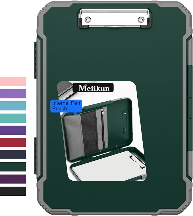 Meiikun Clipboard with Storage, Rugged Shockproof Protective, Internal Pen Pouch & Metal Clip, Heavy Duty Plastic Clip Boards 8.5x11, High Capacity Contractor Folder for School Office (Emerald)