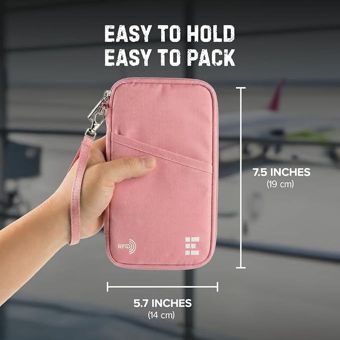 Zero Grid RFID Zippered Family Passport Holder for 6 Passports, Cards, Pink | Large Zippered Wallet for Men & Women, Fits Cards, Cash, ID, Sim Card; Premium & Compact Travel Document Holder, Rose Pink