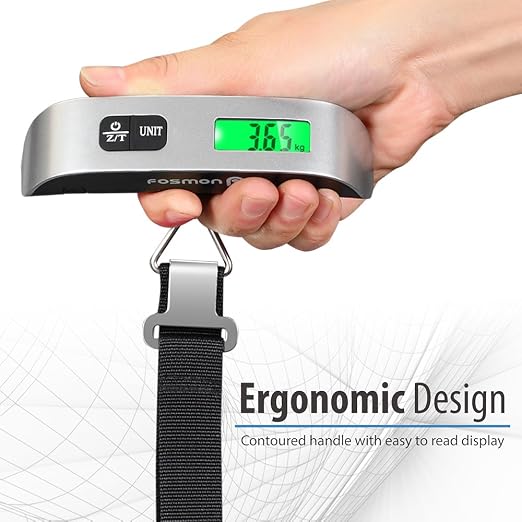 Fosmon Digital Luggage Scale, 110lbs Suitcase Baggage Scale, 1 Pack Silver | LCD Backlight Display, Temperature Sensor, Tare Function, Stainless Steel Heavy Duty, Hanging Suitcase Scale
