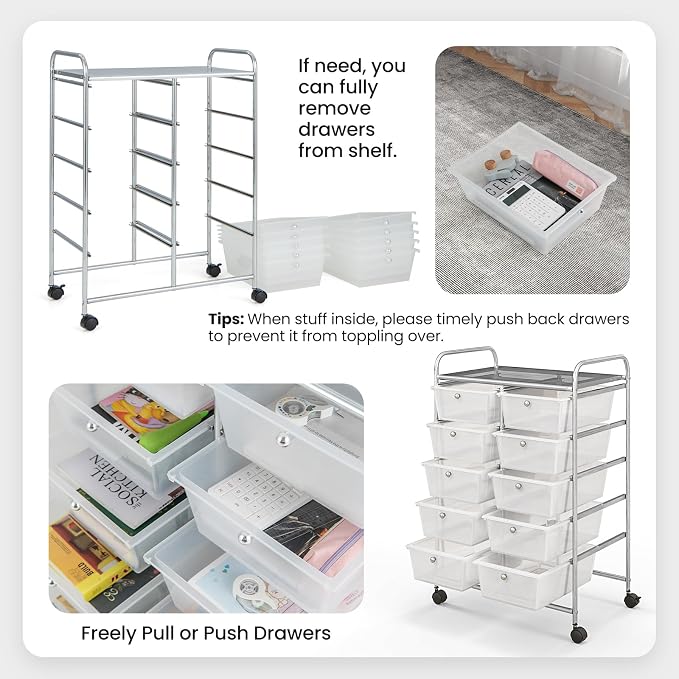 BECOMFORT 10-Drawer Rolling Cart with Drawers, Storage Carts on Wheels, Teacher Classroom Organizers with Metal Frame, Mobile Craft Carts, Trolley Utility Cart for School Office Play Room