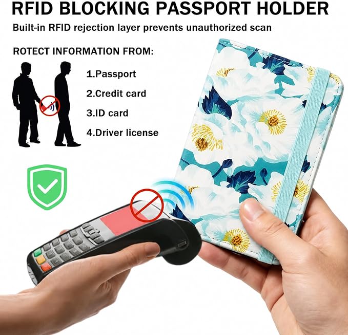 RFID Blocking Passport Holder for Travel – PU Leather Waterproof Lightweight Passport Cover Wallet for Women Men, Travel Organizer with Card Slots for Airline Tickets & Passport Book, Flower A
