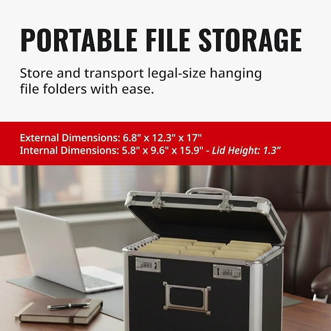 Vaultz File Organizer Storage Box - 14 x 7.25 x 12 Inch Legal Size, Portable Locking Storage Totes with Dual Combination Locks for Filing Office Documents - Black | Dual combination locks for added security, portable design for filing office documents,...