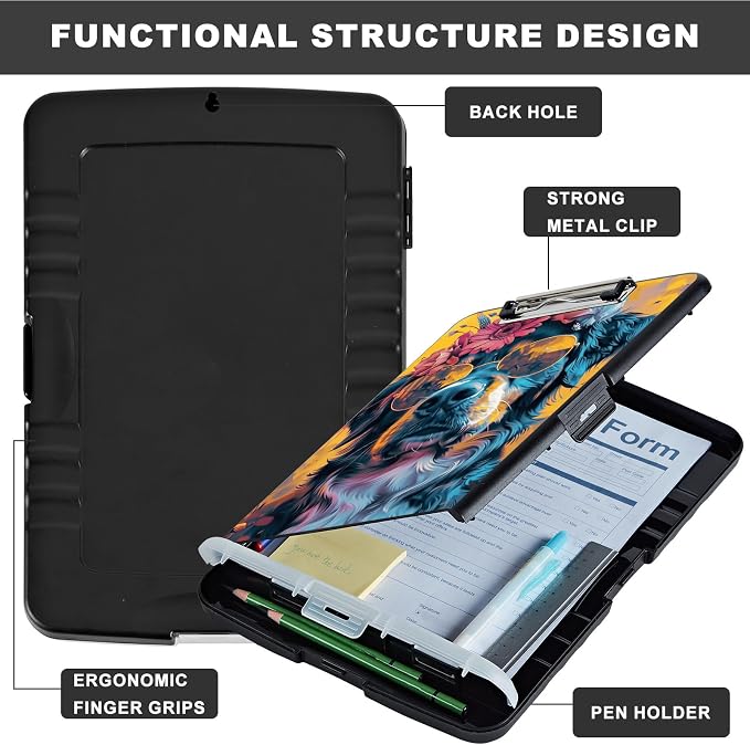 Clipboard with Storage,Storage Clipboard with Pen Holder,Heavy Duty Plastic Storage Clipboard with Low Profile Clip,Teacher Must Haves,Clipboard Folder,Office Supplies,Dog and Floral -1330