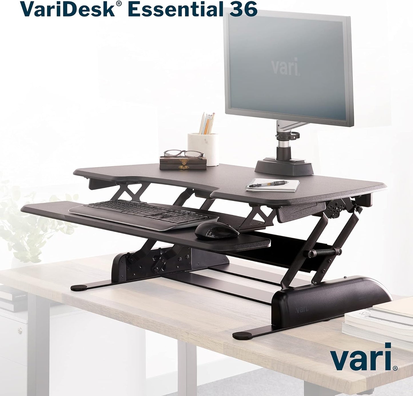 Vari - VariDesk Essential 36 - Two-Tier Standing Desk Converter for Monitor & Accessories - Height Adjustable Sit Stand Desk - Fully Assembled Monitor Riser for Home Office - 36" Wide, Black