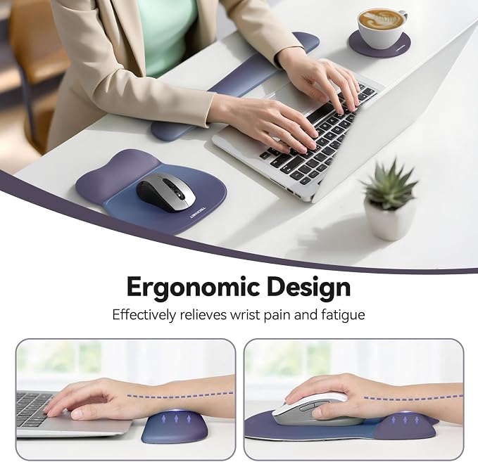 TECKNET Gel Ergonomic Mouse Pad & Keyboard Wrist Rest & Coaster | 3 in 1 Set, Pain Relief, Milk Silk Cloth, Non-Slip PU Base, Easy Typing, Memory Foam Wrist Support for Office & Home