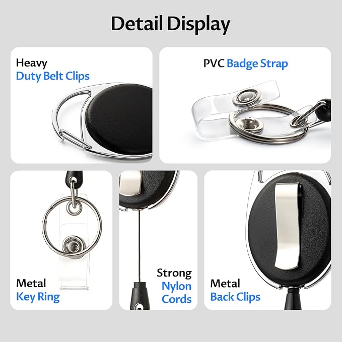 20 Pack Badge Reels Retractable with Carabiner Reel Clip | ID Badge Holder Bulk Card Key Holder with Ring, Sturdy Black Keychain Extender for Office Work Employee