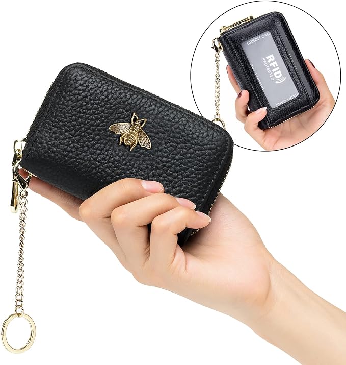 imeetu RFID Credit Card Holder, Small Card Wallet Women, Leather Card Case | Genuine Leather Women's Card & id Cases, Change Coin Purse with Zipper Keychain id Window, 20 Colors & 3 Styles, Daily, Gifts