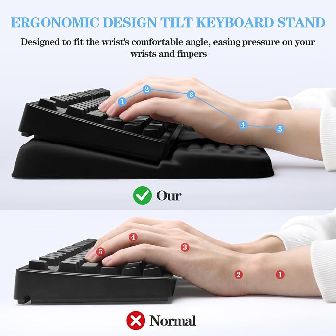 Ergonomic Keyboard Stand with Wrist Rest, Computer Wrist Support Pad | Comfy Tilted Keyboard Riser Holder Wrist Pad for Pain Relief, Soft Memory Foam Desk Cushion for Office Home
