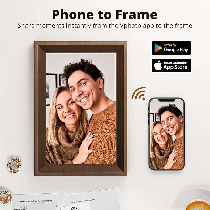 Dragon Touch Digital Picture Frame -10.1 WiFi Digital Photo Frame for Gifts,Show Videos on Auto-Rotate & Wall-Mountable Touch Screen Frame,Easy Share, Send via Phone APP, Email,Wood Brown