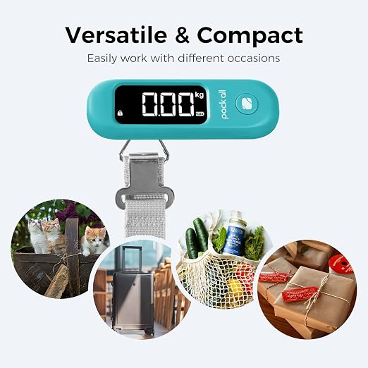 pack all Digital Luggage Scale for Travel, 110Lbs Capacity, 0.1Lb Precision | Handheld, Backlit LCD Display, Lb/Kg/Oz Conversion, Tare Function, Battery Included, Malachite Blue