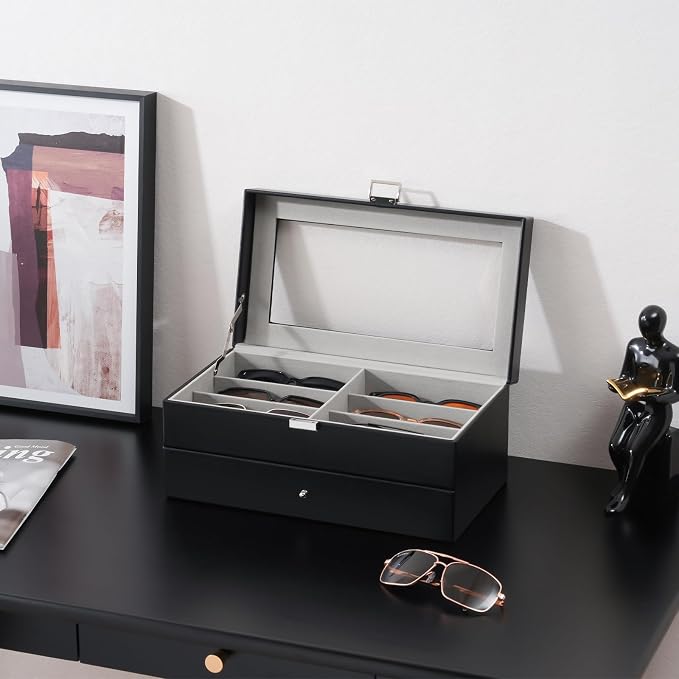 ProCase 12 Slots Sunglasses Organizer, 2 Layer Sunglass Case, Leather Eyeglass Cases for Display and Storage -Black