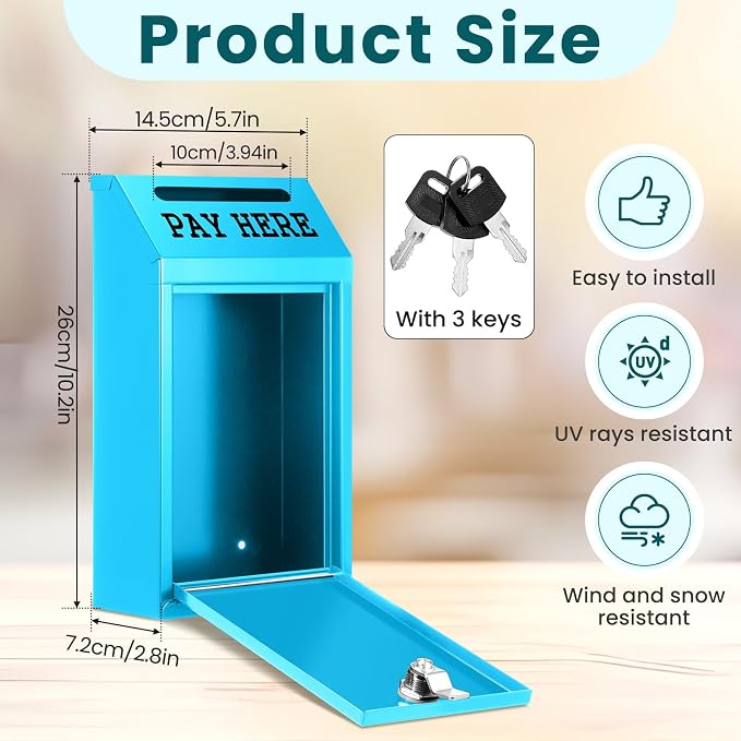 Yaocom Safe Metal Cash Box for Farm Stand – Money Drop and Secure Donation Collection, Wall Mount Lockable Unit with Pre Drilled Holes for Outdoor Self Serve(Light Blue,10.2 x 5.7 x 2.8 Inch)