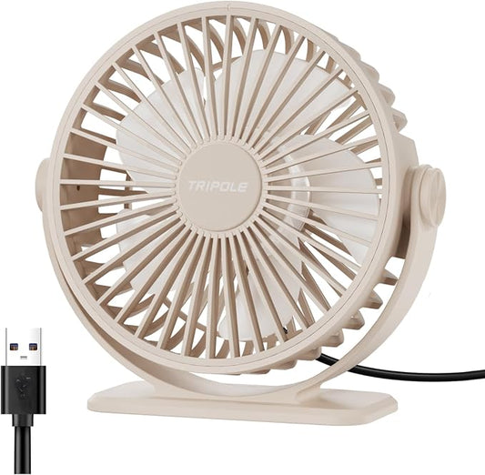 TriPole USB Desk Fan Small Portable, 360° Rotation Quiet Mini Personal Fan | Beige, 3 Speeds Plug In USB Fan, Desk Fans Small Quiet, 4.9ft Cable, Strong Breeze for Desktop Bedroom Office Table Travel