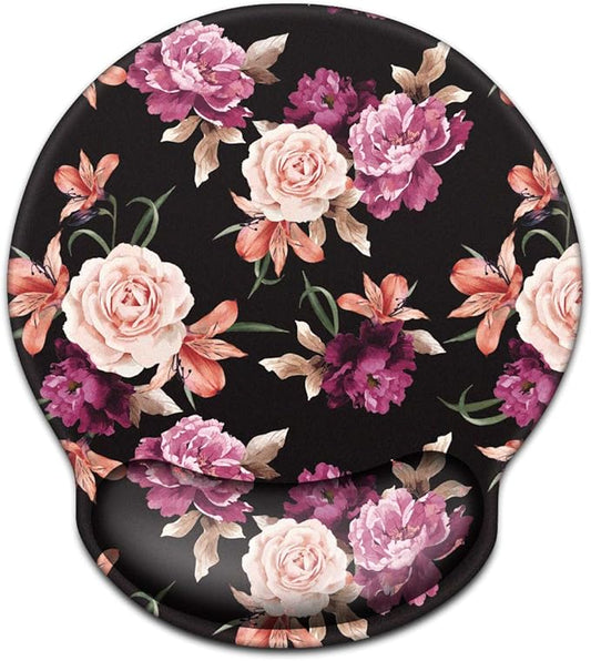 WAVEYU Mouse Pad with Wrist Support, Cute Designed Mouse Mat, Non-Slip Rubber Base Mousepad for Laptop, Computer, Black Flower