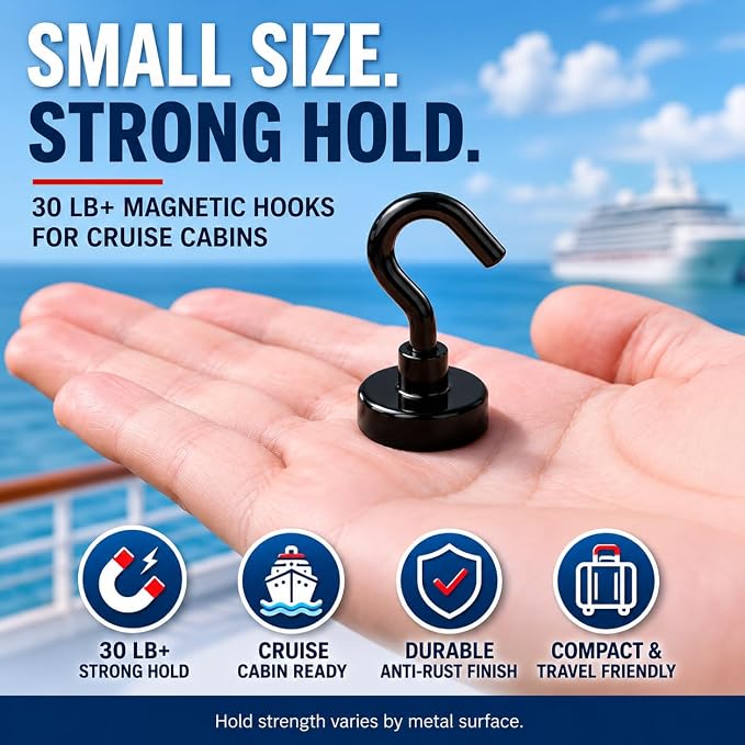 Neosmuk Magnetic Hooks, Heavy Duty 30lb+ Strong Magnet Hook for Cruise Cabins, Cruise Essentials 2026 for Hanging, Metal Wall Refrigerator Hangers (Black, 10 Pack)
