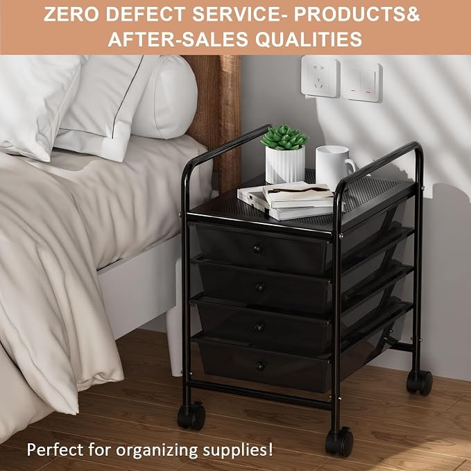 Rolling Storage Cart with Drawers 4-Tier Office Transparent Black | Utility Cart with 4 Drawers & 2 Lockable Caster Wheels, Multipurpose Mobile Drawer Cart for School Bathroom Kitchen