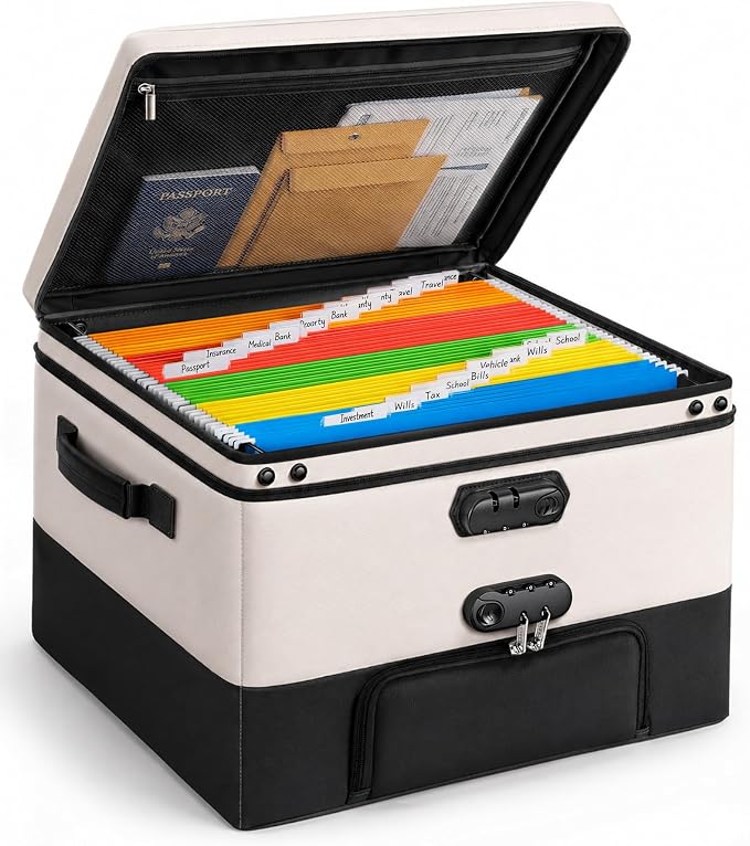 Black Fireproof Document Box with 2 Locks, 10 Hanging File Folders | Collapsible Filing Box for Next of Kin Document Safe, File Box with Hanging Folders Letter/Legal, Home Office Safe Storage