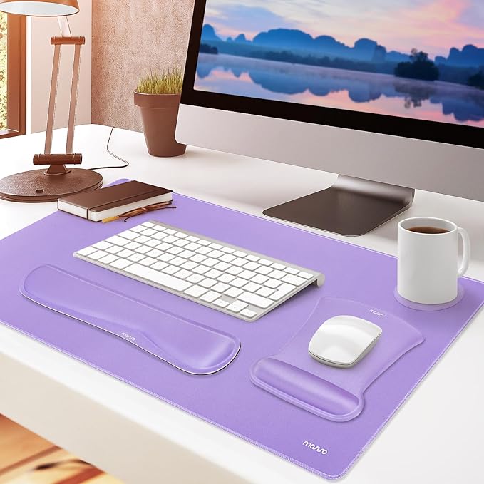 MOSISO Keyboard Mouse Pad Set, Large Gaming Mousepad&Keyboard Wrist Rest&Mouse Wrist Rest&Coaster, Ergonomic Non-Slip Mousepad&Easy Typing Cushion with Memory Foam for Home Office, Purple