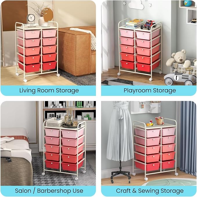 10 Drawer Rolling Cart, Storage Cart Organizer on Wheels, Drawer Cart with Metal Frame & Large Storage Capacity, Rolling Cart with Drawers for Living Room Classroom, Office