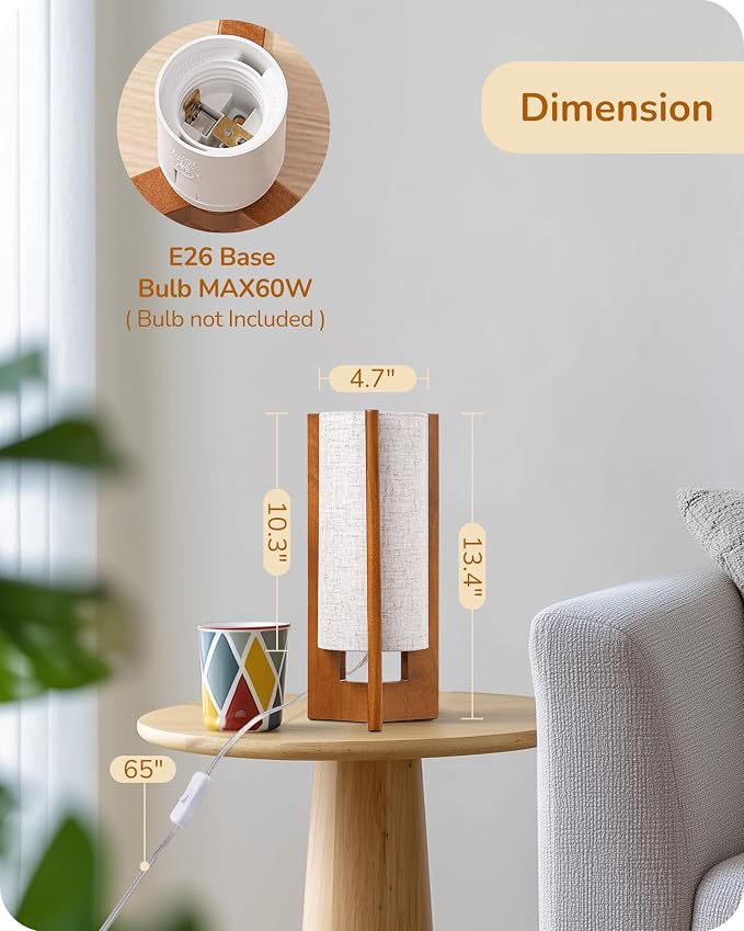 EDISHINE 13.5" Small Table Lamp, Walnut Wood Cylinder Nightstand Lamp, E26 | Beige Linen Shade, On-Off Line Switch, Three-Sided Base, Corner Modern Bedside Lamp for Living Room, Bedroom