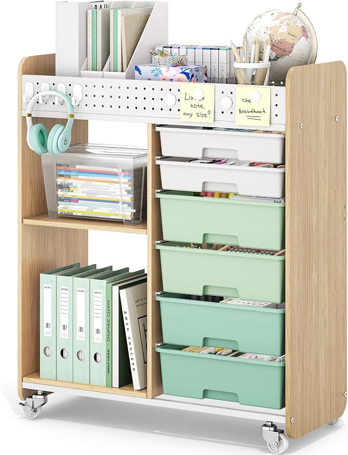 Rolling Craft Cart with 6 Drawers, Pegboard and Locking Wheels Green | Ample multi-zone storage, 2 open shelves, art cart for classrooms, homeschool and offices, sturdy wood-metal frame
