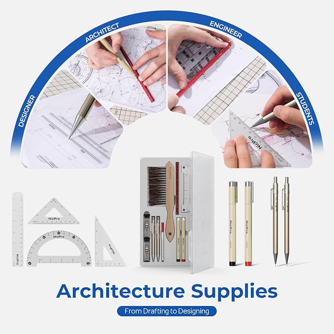 Nicpro 21PCS Professional Drafting Tools & Geometry Set with Case, Architect Compass & Protractor Set, Metal Pencils, Pens, Scale Ruler Metal Ruler, 5 Drawing Templates for Interior House Plan Design