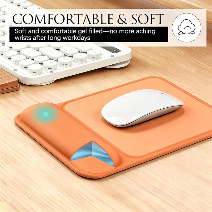 JIKIOU Ergonomic Mouse Pad with Gel Wrist Rest, 10 x 7.25 in, Orange | 40% Larger Rectangular Design-No More Hitting Edges Mid-glide, Savior of Pain Relief, Smooth Lycra Surface, Non-Slip PU Base