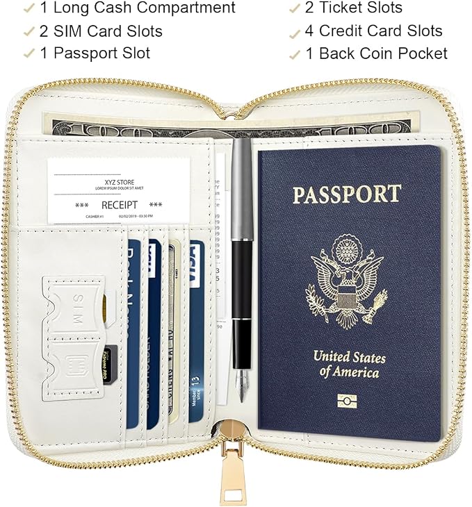Passport Holder for Travel Personalized Wallet with Wristlet Women | All-in-One Passport Cover, RFID Blocking, Back Coin Pocket, Paper Money Slot, Zipper Closure, Roses Initial Letter, White D