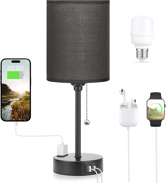 Small Bedside Table Lamp for Bedroom - Desk Lamp with USB Ports for Dorm | USB A+C Ports, AC Outlet, 3 Color Temperatures, LED Bulb Included, 14" Night Stand Lamp