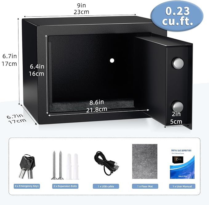 Digital Electronic Money Safe, Steel Security Lock Box with Keypad, Office Hotel Business Jewelry Gun Cash Safe, 0.23 Cubic Feet, 9.06" W x 6.69" D x 6.69" H（black）