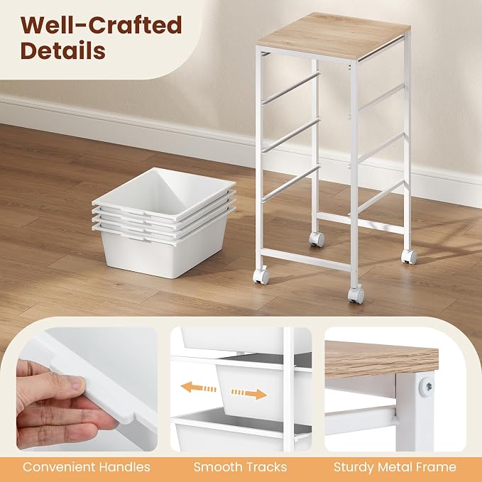 Giantex Rolling Storage Cart with 4 Drawers, Utility Cart w/Wooden Tabletop, Lockable Wheels, Multipurpose Organizer for Art Craft Scrapbook Paper, Drawer Carts for Dorm Classroom Office, White