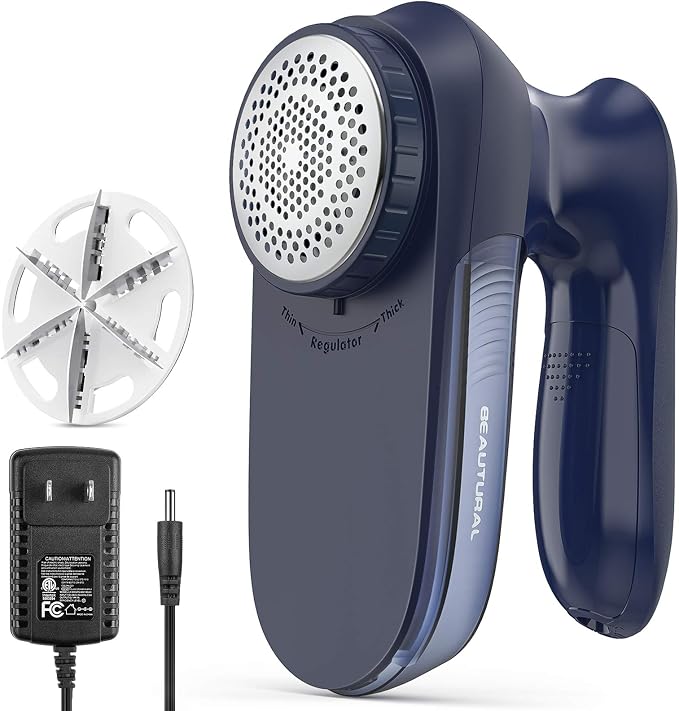 BEAUTURAL Fabric Shaver and Lint Remover, Portable Sweater Defuzzer | AC Adapter or Battery Powered, 2 Speeds, 1 Replaceable 6-Leaf Blade, Powerful & Efficient for Couch and Furniture