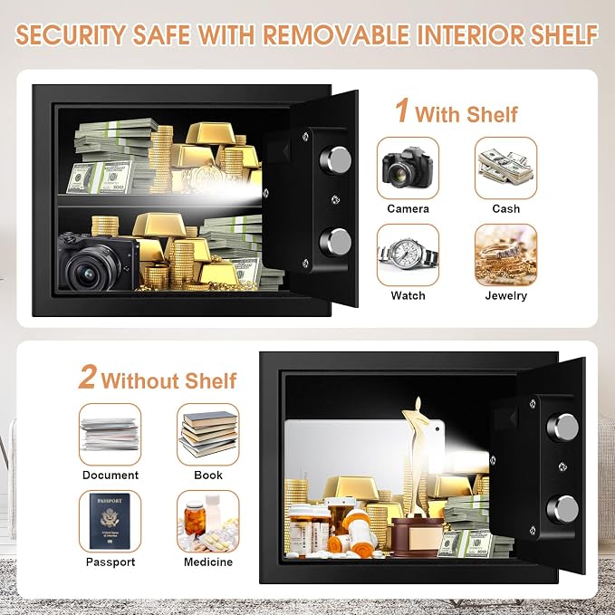 1.2 Cub Small Fireproof Safes for Home, Digital Home Safe Fireproof Waterproof with Programmable Keypad, Spare Keys and Removable Shelf, Fire Safe Box for Document Money Valuables