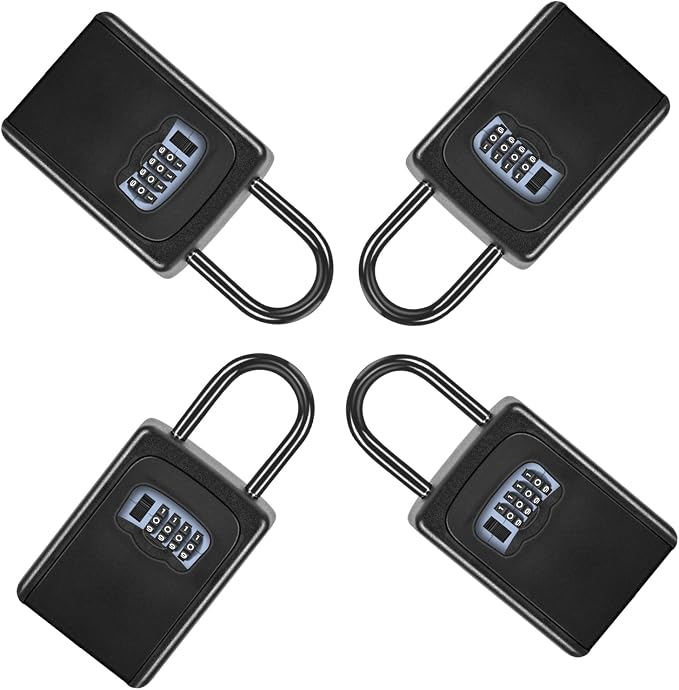 Portable Key Lock Box for House Key, Weatherproof Resettable Code House Key Safe Security Lock(4 Pack, Black)