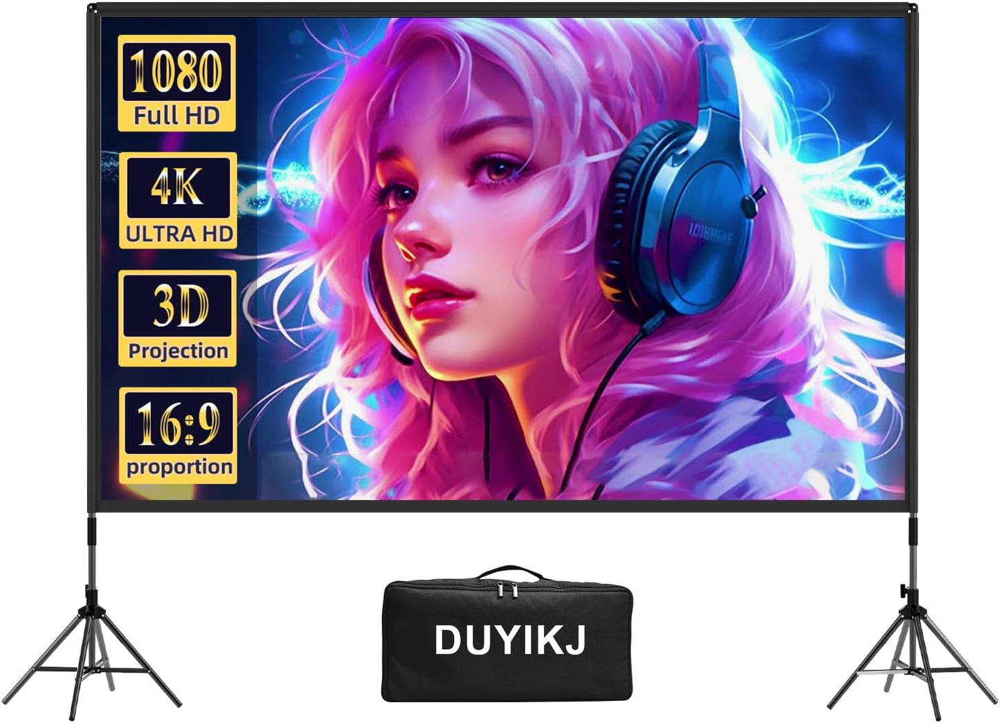 Projector Screen with Stand,DUYIKJ 100 inch Portable Outdoor Indoor Projector Screen Rear Front Projection Screen Lightweight Movie Screen16:9 4K HD with Four-Legged Frame Carry Bag for Home Theater