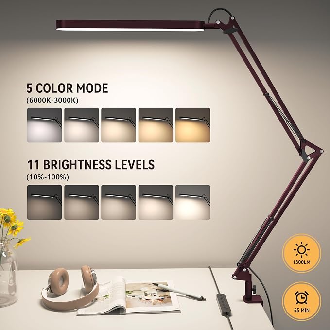 Desk Lamp - LED Desk Light - 5 Color Modes X 11 Brightness Levels - Adjustable Swing Arm - Timmer & Memory Function - 12W Lamp for Desk - Red