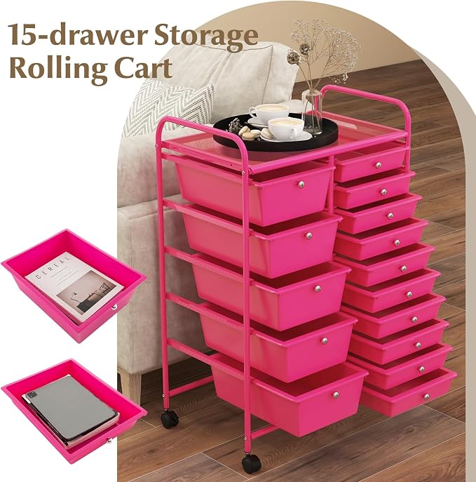RELAX4LIFE 15-Drawer Storage Drawer Carts - Mobile Rolling Utility Cart w/Wheels, Craft Organizer for Classroom Organization and Storage, School, Office, Home, Storage Organizer Cart