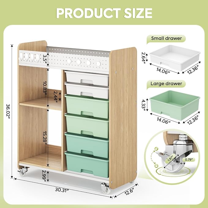 Rolling Craft Cart with 6 Drawers, Pegboard and Locking Wheels Green | Ample multi-zone storage, 2 open shelves, art cart for classrooms, homeschool and offices, sturdy wood-metal frame