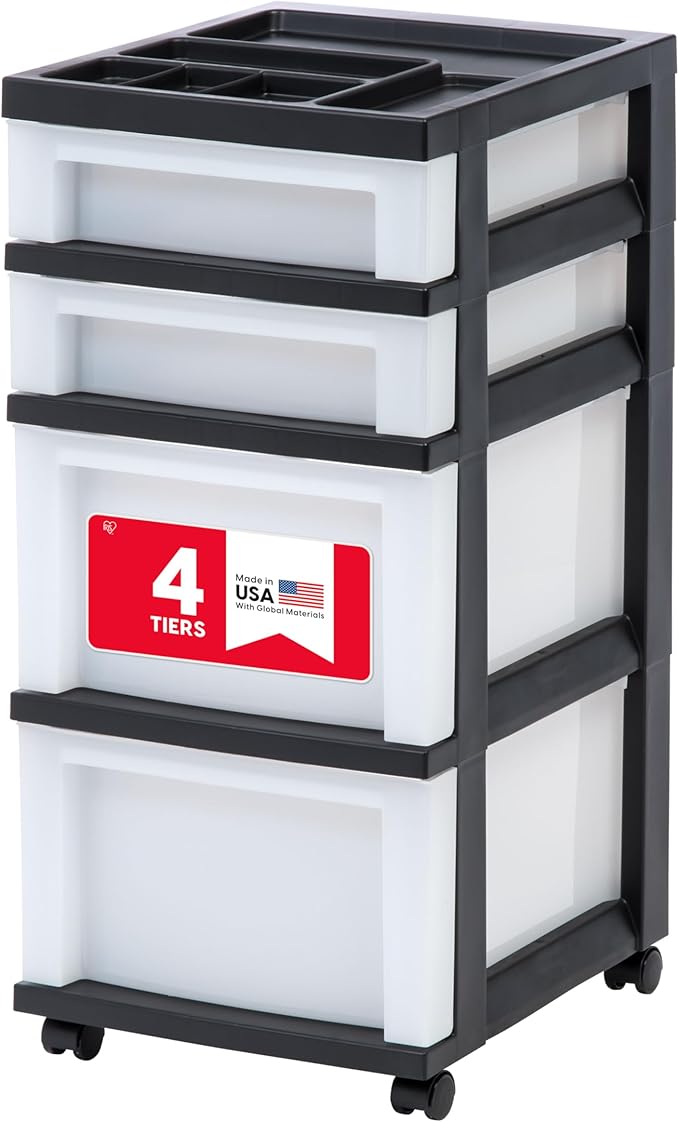 IRIS USA 4-Drawer Rolling Storage Cart with Organizer Top, Black/Pearl | Keep classroom supplies, teacher essentials, craft materials, and learning tools organized with easy-access drawers.
